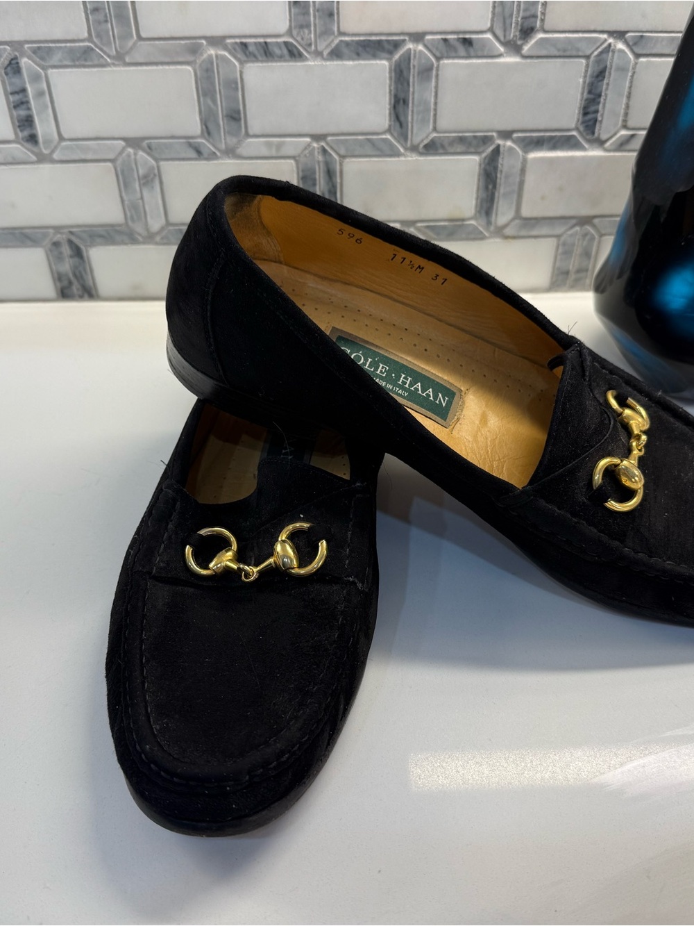 Cole Haan Black Suede Loafers with Gold Horsebit